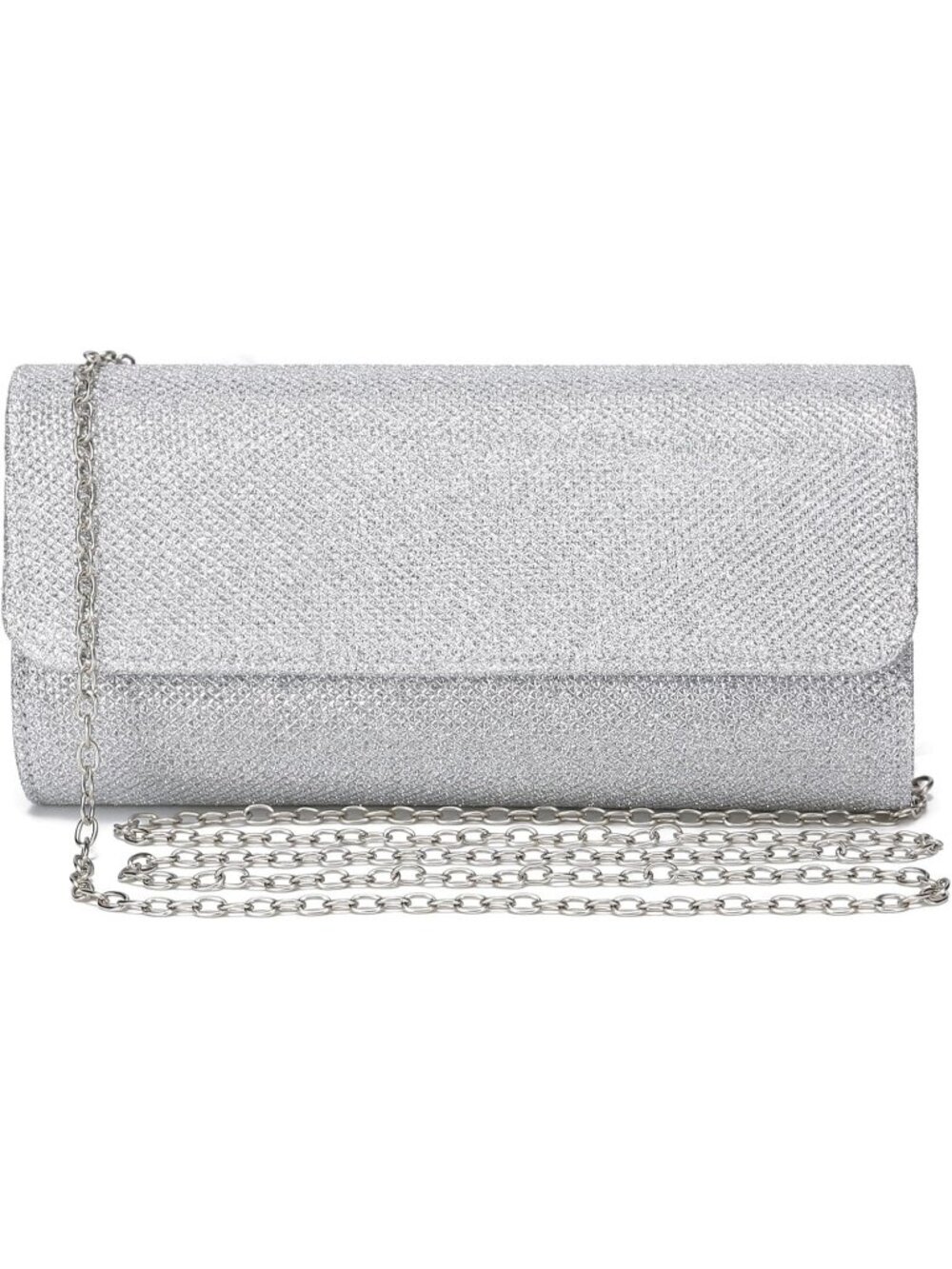Women's Silver Glitter Clutch Purse Evening Bag With Chain For Wedding Handbag